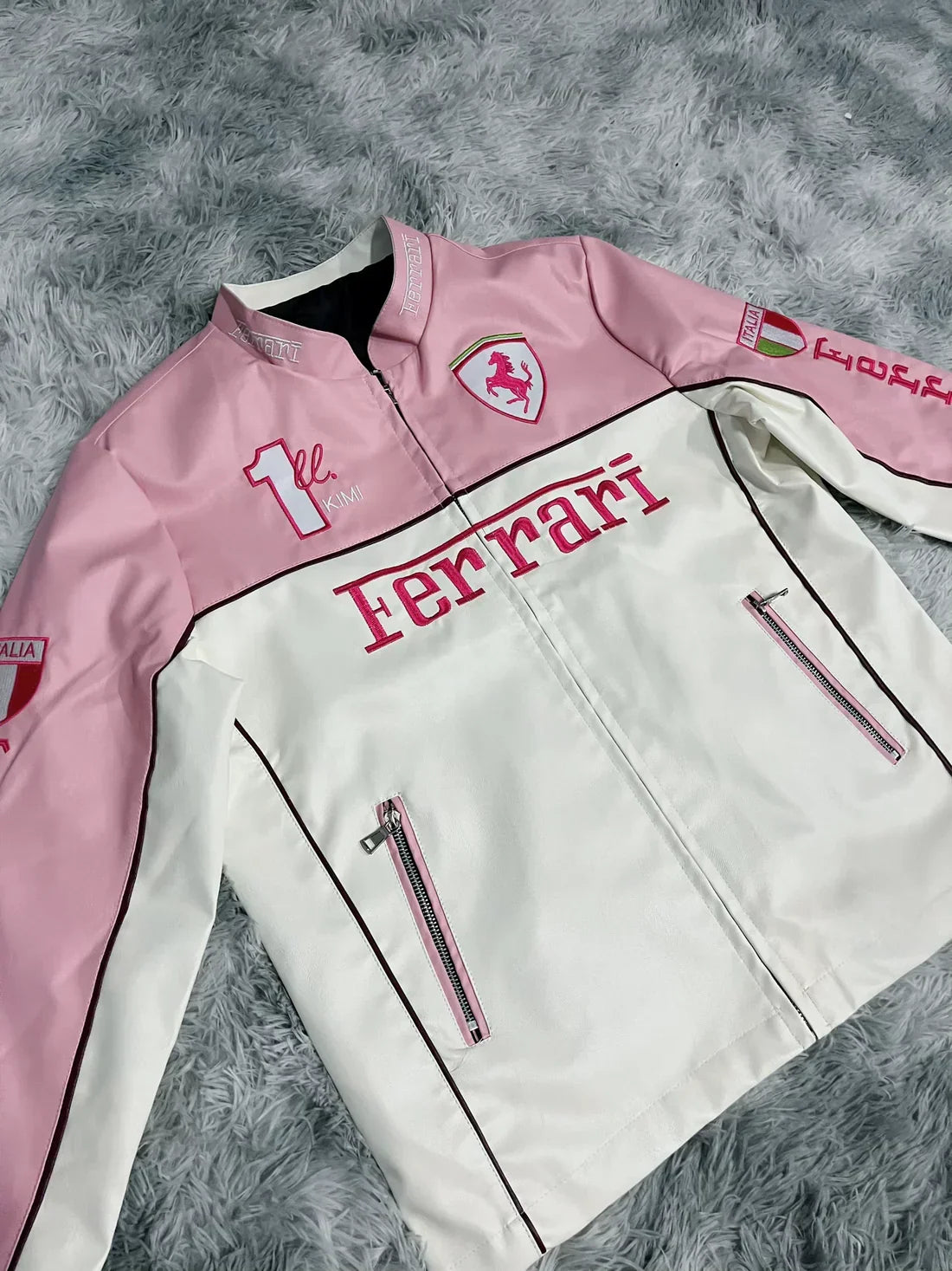 Pink Ferrari Leather Jacket – Luxe Motorsport Streetwear by NOIRVEX