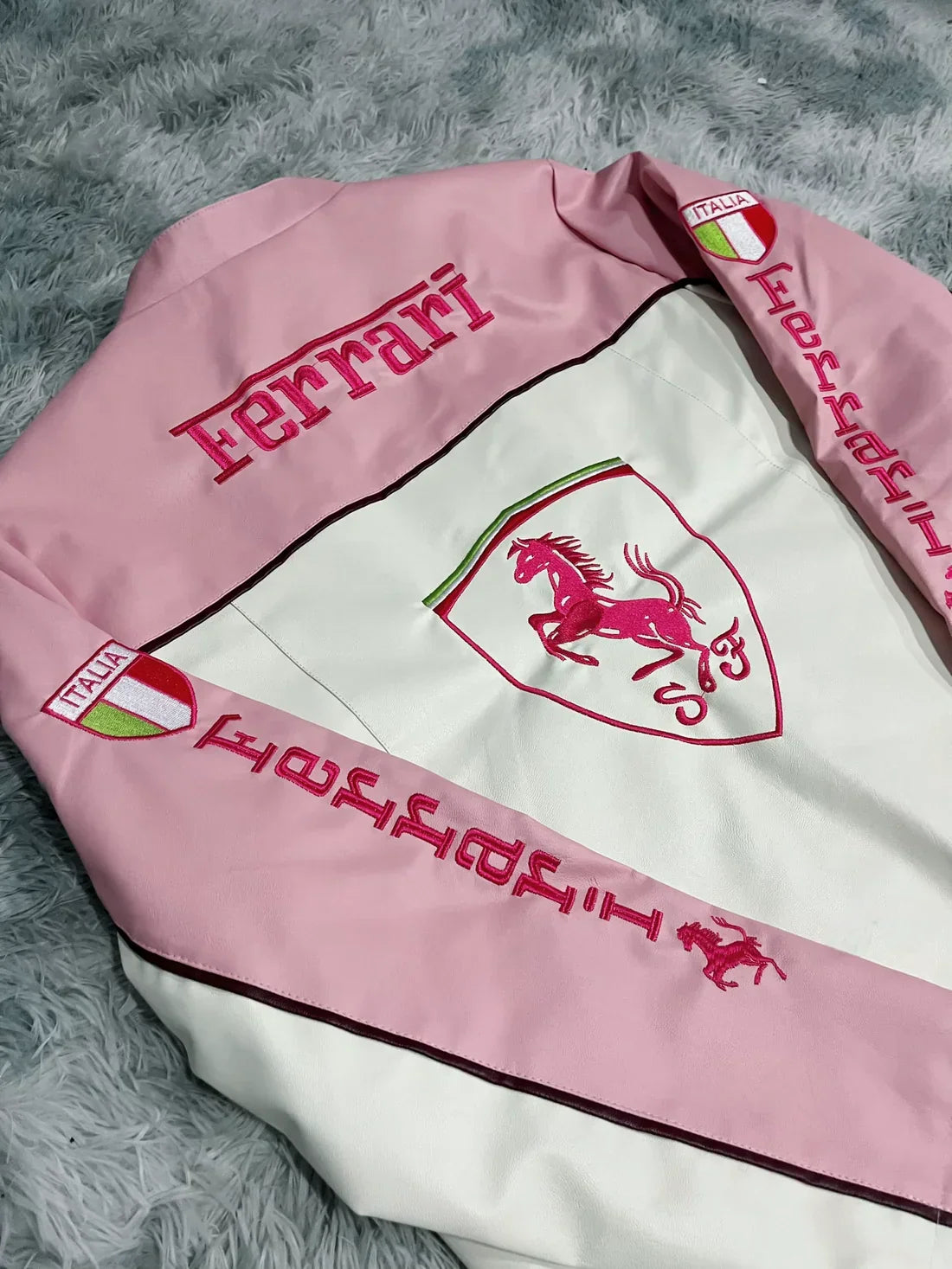 Pink Ferrari Leather Jacket – Luxe Motorsport Streetwear by NOIRVEX