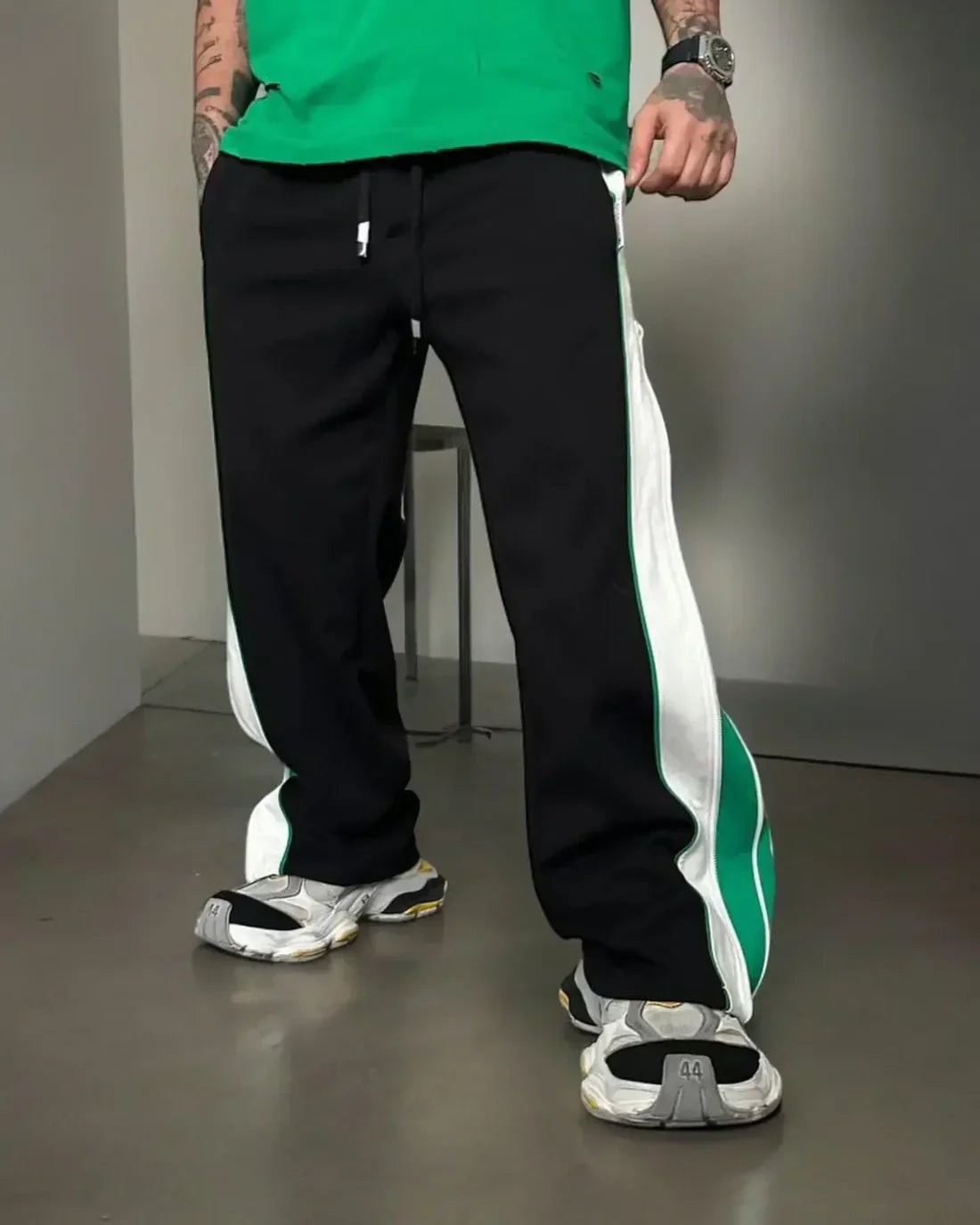 Green Double Zip Baggy Pants – 3-Way Versatile Wide-Leg Joggers by Noirvex