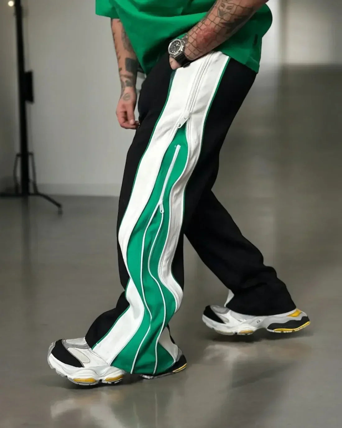 Green Double Zip Baggy Pants – 3-Way Versatile Wide-Leg Joggers by Noirvex