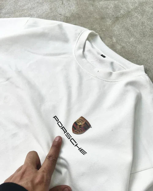 White Porsche Graphic Print Oversized Tee Close Up Detail