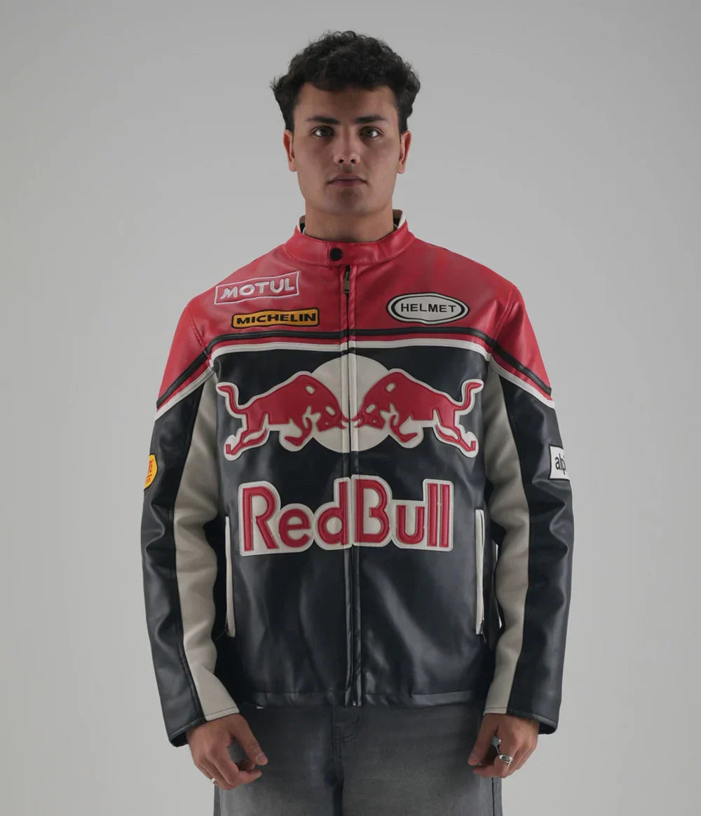 Red Bull Racing Leather Jacket – Premium Motorsport Streetwear by Noirvex