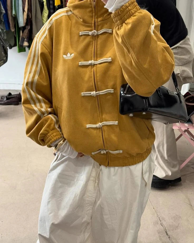 Yellow CNY suede streetwear jacket with full sleeves