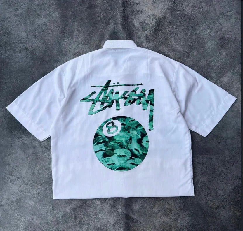 White oversized shirt with 8 ball graphic print unisex fashion