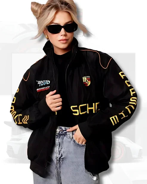 Porsche-Style Embroidered Motorsport Racing Jacket – Bold Design, Premium Comfort | Noirvex